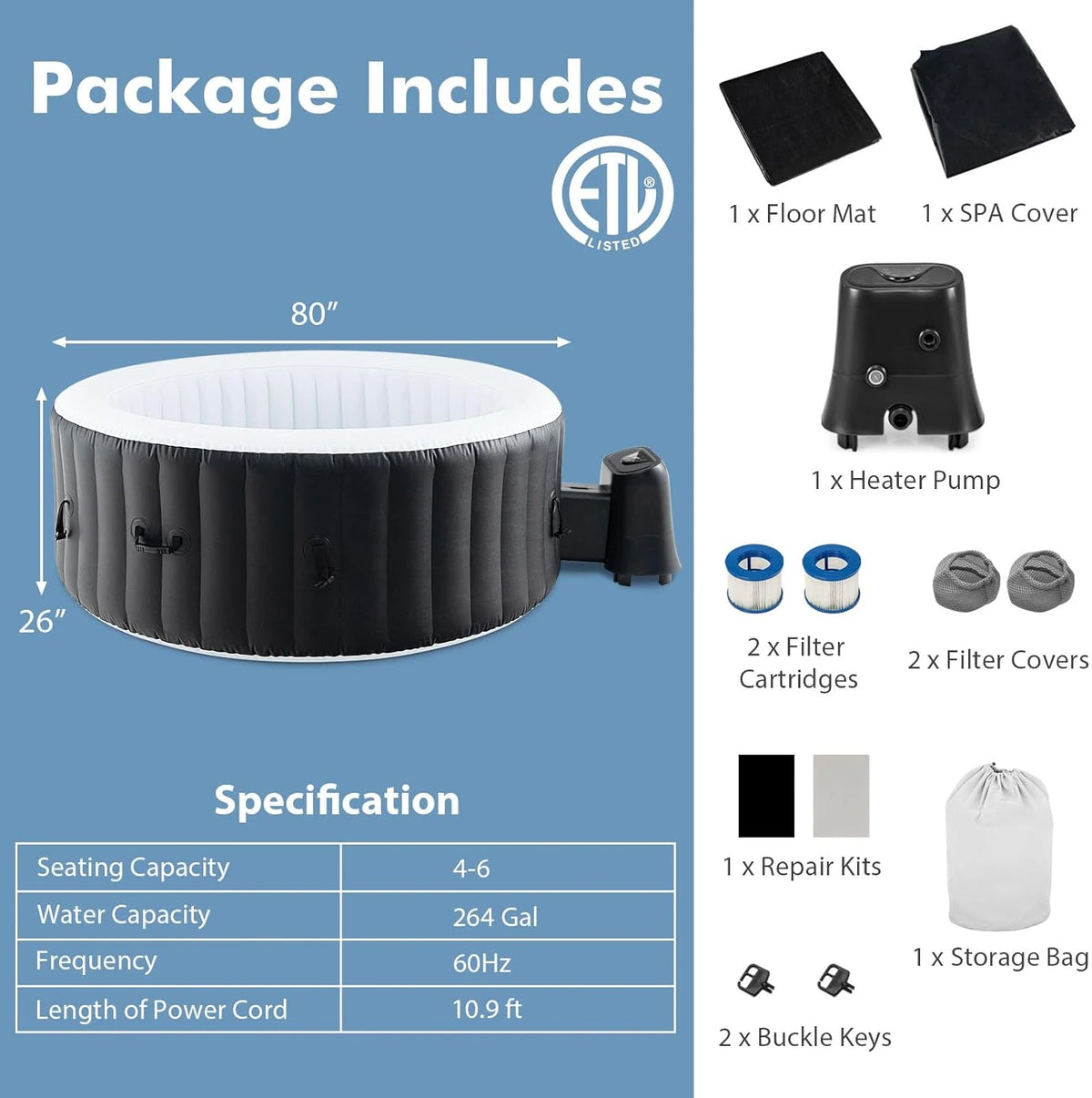 Hot Tub, Inflatable Hot Tub with 130 Soothing Bubble Air Jets, Insulated Lockable Cover, Ground Mat & Filter Cartridges, Outdoor Blow up Spa Tub for Backyard, Patio (Round, 4-6 Person) — product view 7