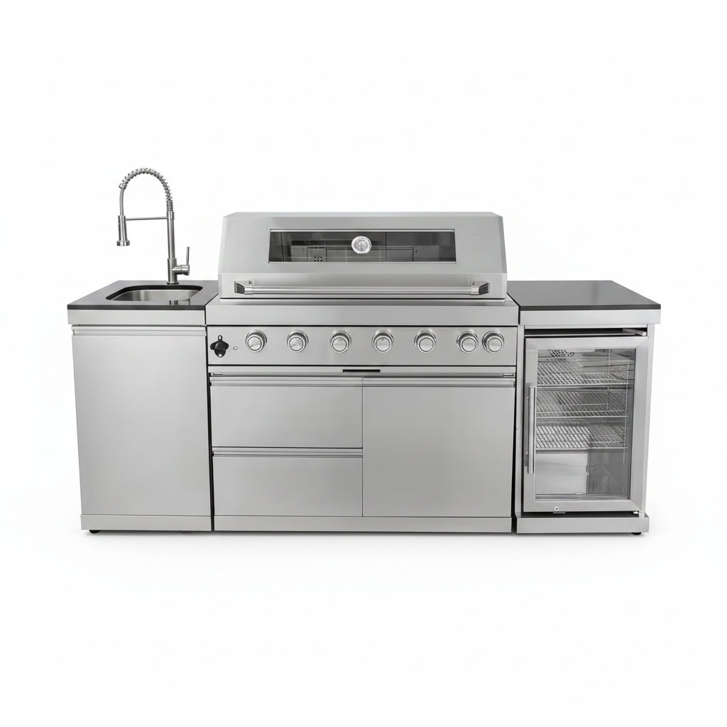43 In. 6-Burner 85000 BTU Propane Gas Grill Island Outdoor Kitchen with Refrigerator, Sink in Silver Stainless Steel