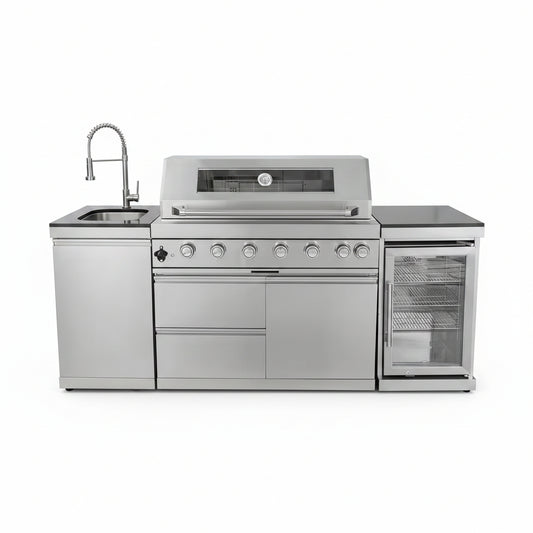 43 In. 6-Burner 85000 BTU Propane Gas Grill Island Outdoor Kitchen with Refrigerator, Sink in Silver Stainless Steel