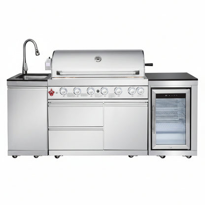 Outdoor Kitchen Island with Built in Grill, 6 Burner 83500 BTU Stainless Steel Gas Barbecue Island, Patio Cooking Station with Sink & Wine Cooler, Built in Grill Island for Backyard (Silver)