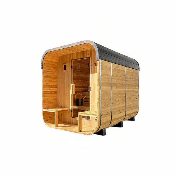 Backyard Discovery Lennon 4-6 Person Traditional Cedar Outdoor Cube Sauna with Porch, Electric Sauna Heater, Sauna Rocks, Dry Heat, Steam Sauna, LED Lights, Wi-Fi Control, Sauna Accessories