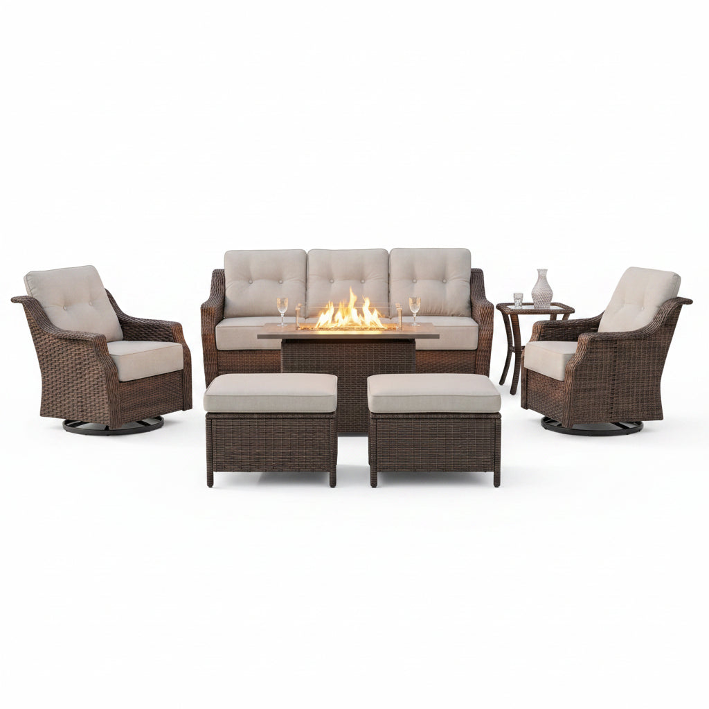 Luxurious 7 Piece Patio Furniture Set with Fire Pit Table, High Back Wicker Swivel Rocker Glider Outdoor Chairs with 6" Cushion, All-Weather Patio Conversation Set for Yard Garden - Brown/Beige