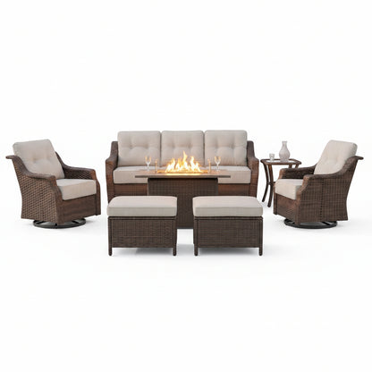 Luxurious 7 Piece Patio Furniture Set with Fire Pit Table, High Back Wicker Swivel Rocker Glider Outdoor Chairs with 6" Cushion, All-Weather Patio Conversation Set for Yard Garden - Brown/Beige