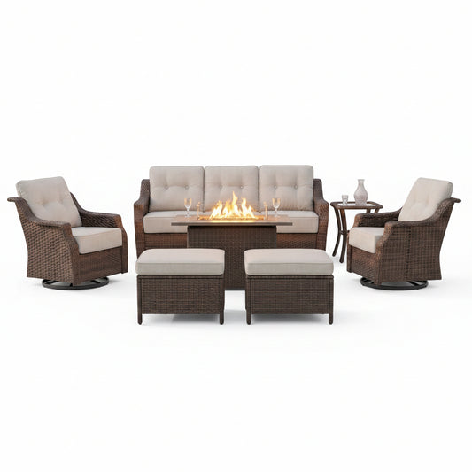 Luxurious 7 Piece Patio Furniture Set with Fire Pit Table, High Back Wicker Swivel Rocker Glider Outdoor Chairs with 6" Cushion, All-Weather Patio Conversation Set for Yard Garden - Brown/Beige
