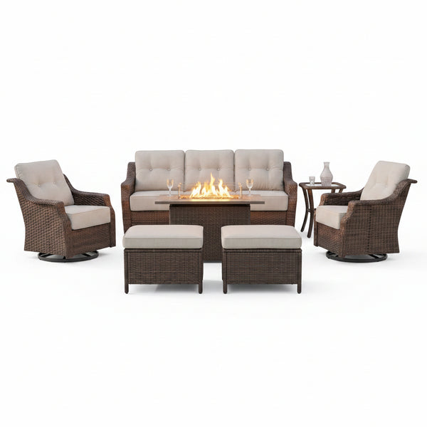 Luxurious 7 Piece Patio Furniture Set with Fire Pit Table, High Back Wicker Swivel Rocker Glider Outdoor Chairs with 6" Cushion, All-Weather Patio Conversation Set for Yard Garden - Brown/Beige