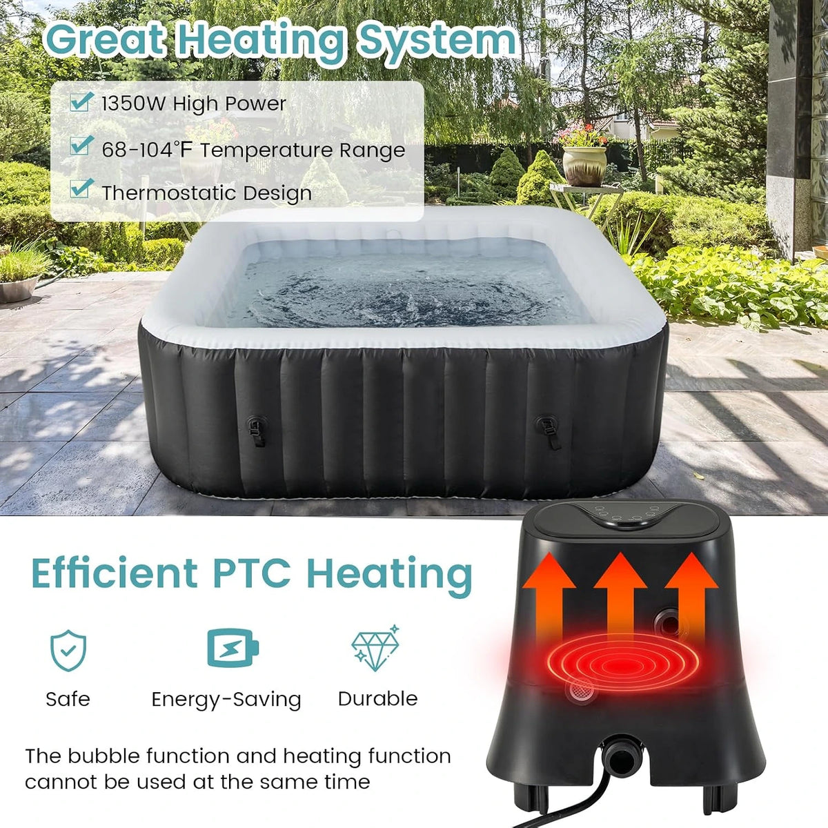 Inflatable Hot Tub, 4-6 Person Blowup Pool Hottub W/130 Air Jets, Heater Pump, Filter Cartridges, Insulated Cover, Ground Cloth, Portable Outdoor Water SPA (71’’X70’’ Rectangular, 4-6 Person) — product view 3