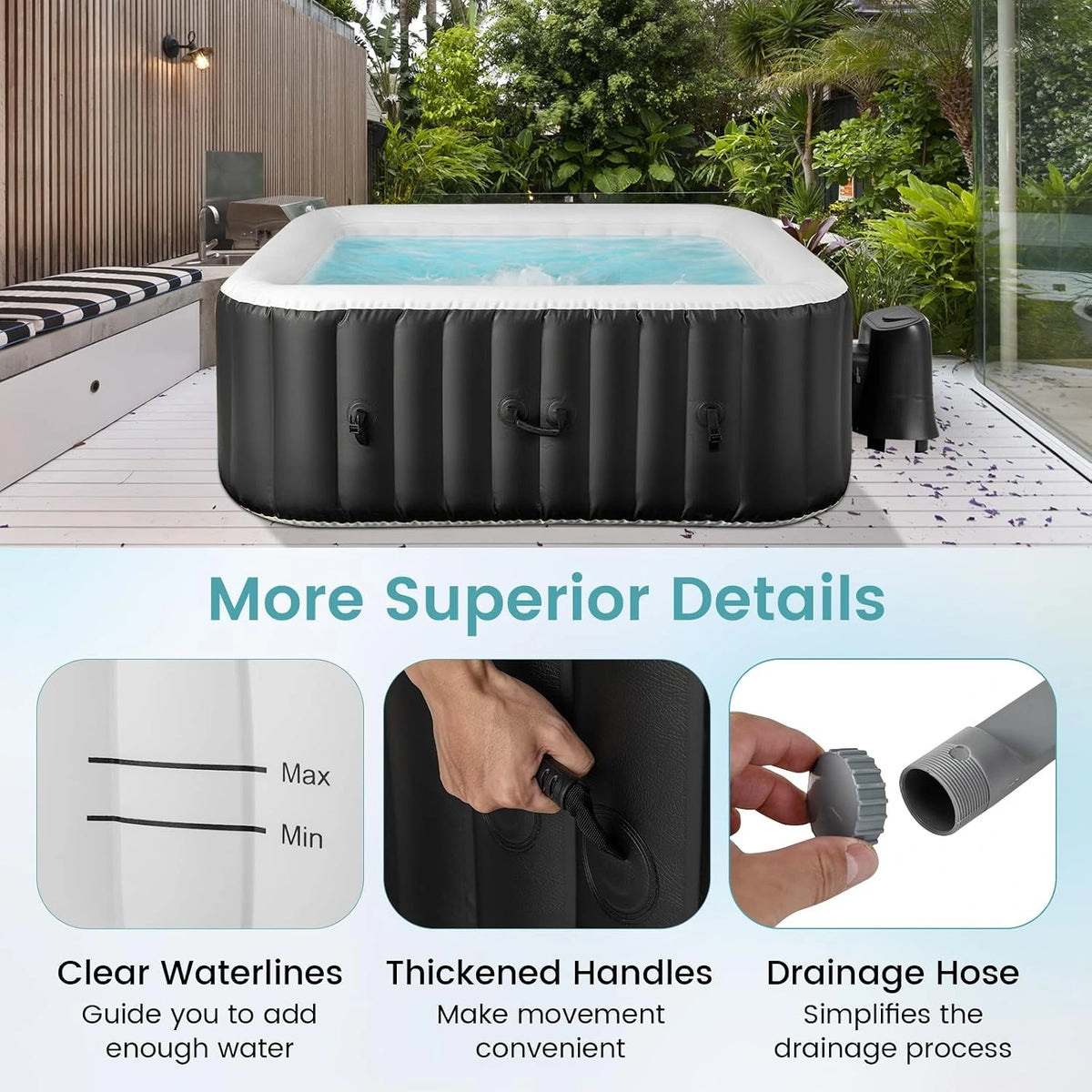 Inflatable Hot Tub, 4-6 Person Blowup Pool Hottub W/130 Air Jets, Heater Pump, Filter Cartridges, Insulated Cover, Ground Cloth, Portable Outdoor Water SPA (71’’X70’’ Rectangular, 4-6 Person) — product view 6
