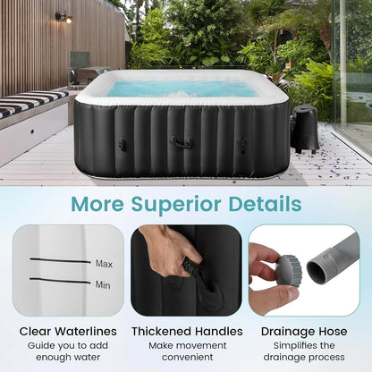 Inflatable Hot Tub, 4-6 Person Blowup Pool Hottub W/130 Air Jets, Heater Pump, Filter Cartridges, Insulated Cover, Ground Cloth, Portable Outdoor Water SPA (71’’X70’’ Rectangular, 4-6 Person) — product view 6