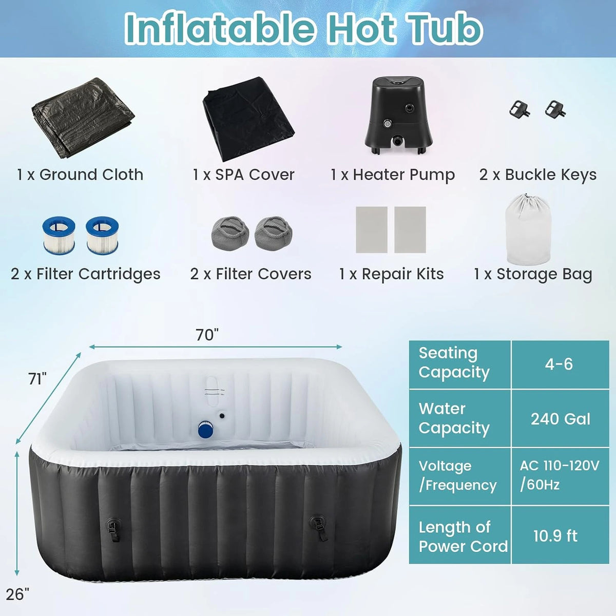 Inflatable Hot Tub, 4-6 Person Blowup Pool Hottub W/130 Air Jets, Heater Pump, Filter Cartridges, Insulated Cover, Ground Cloth, Portable Outdoor Water SPA (71’’X70’’ Rectangular, 4-6 Person) — product view 7