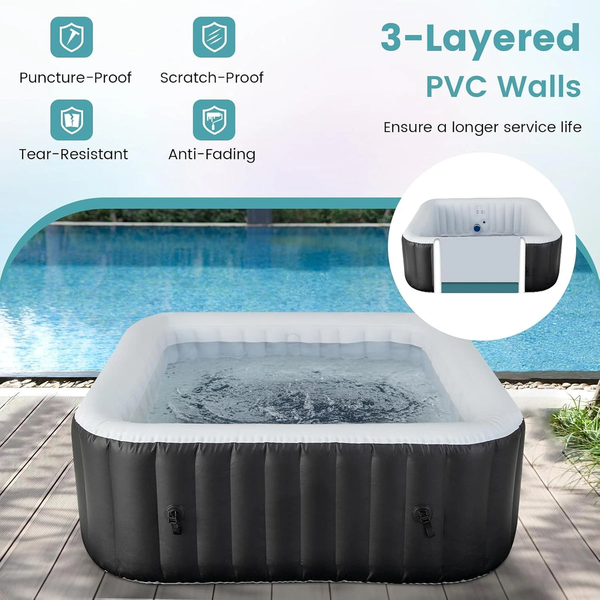 Inflatable Hot Tub, 4-6 Person Blowup Pool Hottub W/130 Air Jets, Heater Pump, Filter Cartridges, Insulated Cover, Ground Cloth, Portable Outdoor Water SPA (71’’X70’’ Rectangular, 4-6 Person) — product view 9
