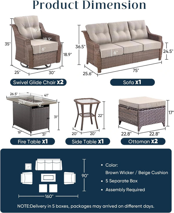 7-Piece Patio Set with Fire Pit Table & Swivel Rockers