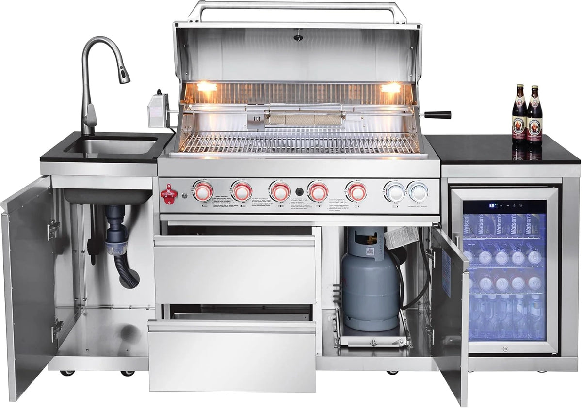 Outdoor Kitchen Island with Built in Grill, 6 Burner 83500 BTU Stainless Steel Gas Barbecue Island, Patio Cooking Station with Sink & Wine Cooler, Built in Grill Island for Backyard (Silver) — product view 2
