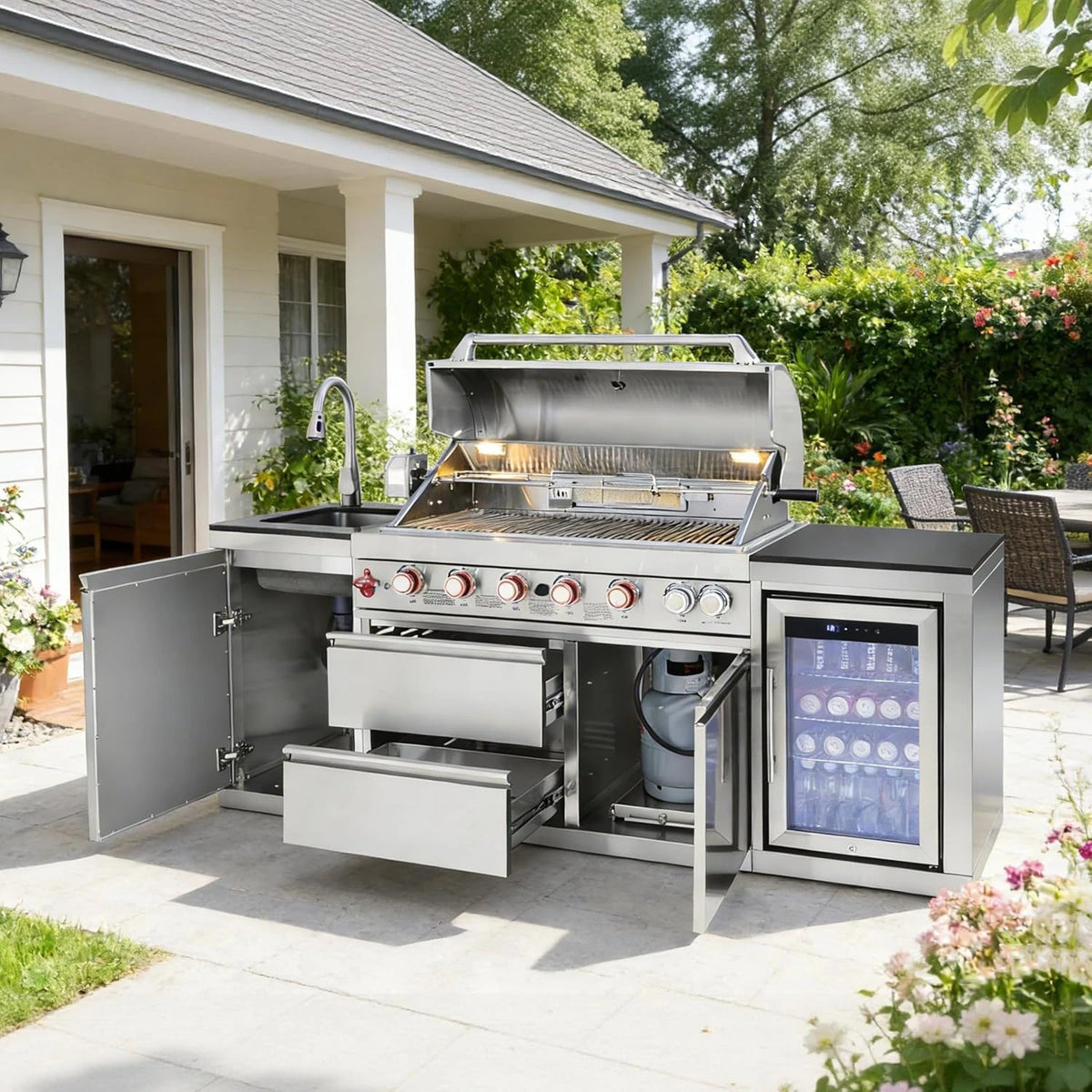 Outdoor Kitchen Island with Built in Grill, 6 Burner 83500 BTU Stainless Steel Gas Barbecue Island, Patio Cooking Station with Sink & Wine Cooler, Built in Grill Island for Backyard (Silver) — product view 6