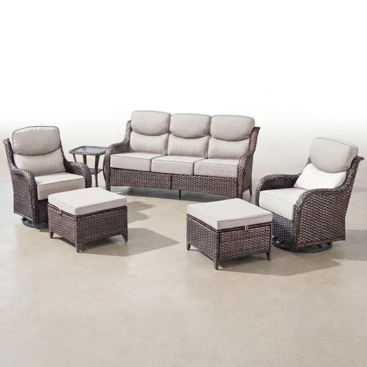 6 Pieces Outdoor Patio Furniture Set with Swivel Rocker Chairs and 6" Thick Cushions,Wicker Conversation Set with Sectional Sofa Coffee Table for Porch Deck Backyard Poolside — Studio Shot