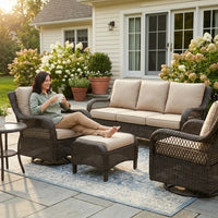 6 Pieces Outdoor Patio Furniture Set with Swivel Rocker Chairs and 6" Thick Cushions,Wicker Conversation Set with Sectional Sofa Coffee Table for Porch Deck Backyard Poolside — Lifestyle