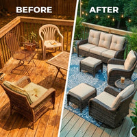 6 Pieces Outdoor Patio Furniture Set with Swivel Rocker Chairs and 6" Thick Cushions,Wicker Conversation Set with Sectional Sofa Coffee Table for Porch Deck Backyard Poolside — Before & After