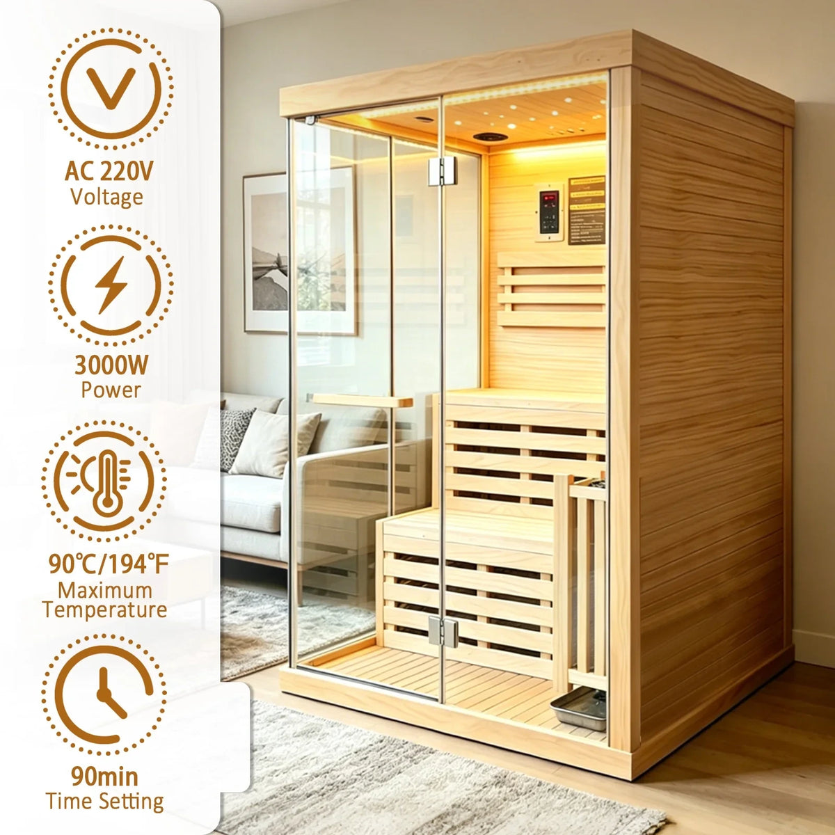 Traditional Steam Sauna,3000W 2-3 Person Indoor Sauna with LED Lights, Waterproof Speakers for Home,Living Room — product view 6