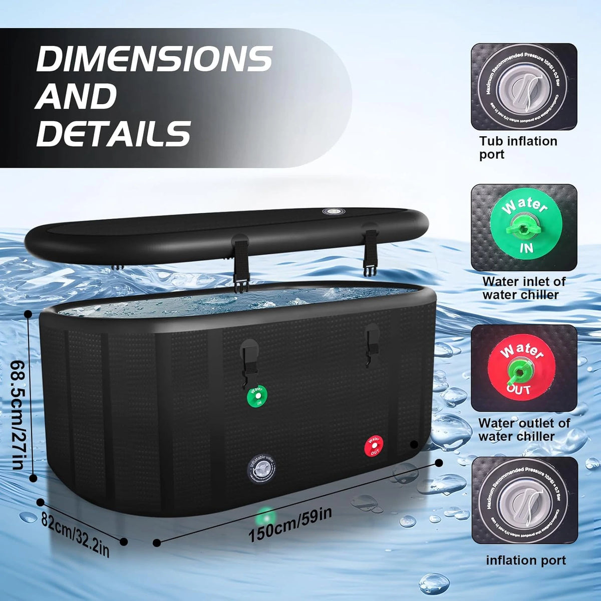 XXL Drop Stitch Ice Bath Tub for Recovery 216 Gal, Compatible with Water Chillers, Cold Plunge Tub with Insulated Lid, Multi-Layer Portable Bathtub for Cold Water Therapy(59In*32.2In*27In) — product view 2
