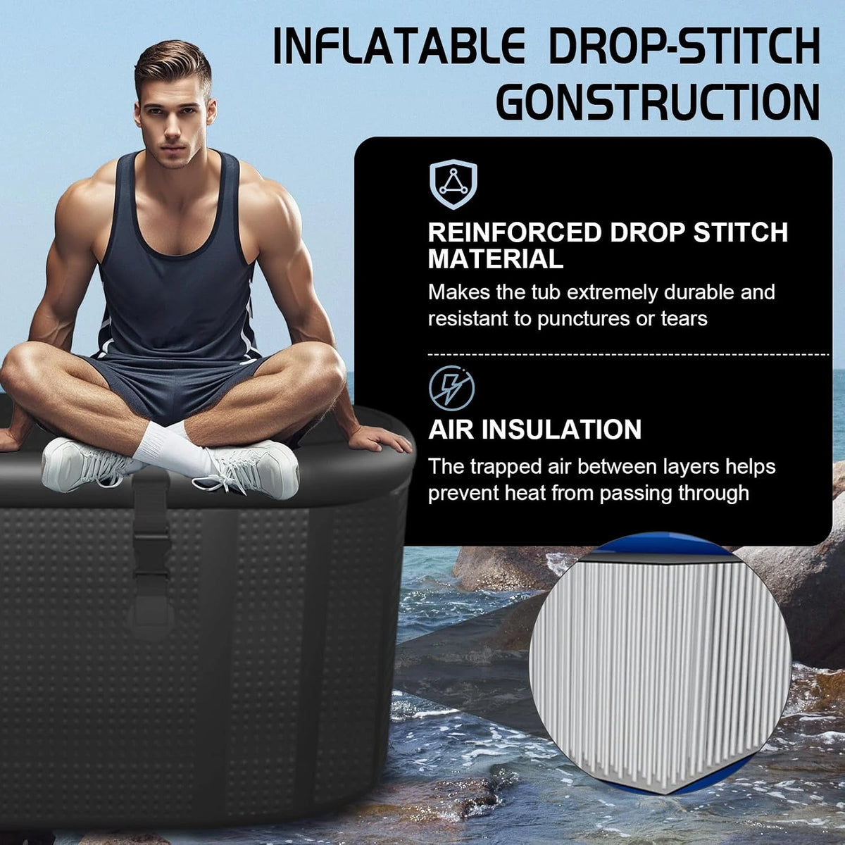 XXL Drop Stitch Ice Bath Tub for Recovery 216 Gal, Compatible with Water Chillers, Cold Plunge Tub with Insulated Lid, Multi-Layer Portable Bathtub for Cold Water Therapy(59In*32.2In*27In) — product view 6